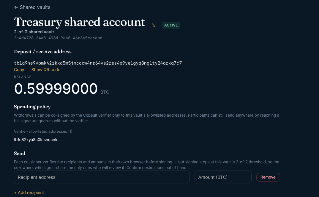 Cobault app — shared treasury vault with spending policy