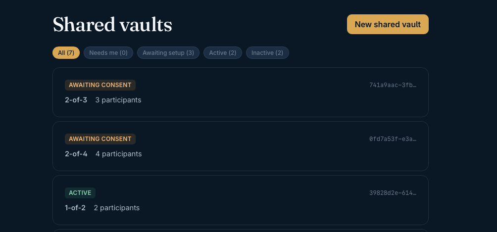 Cobault app — shared vaults list